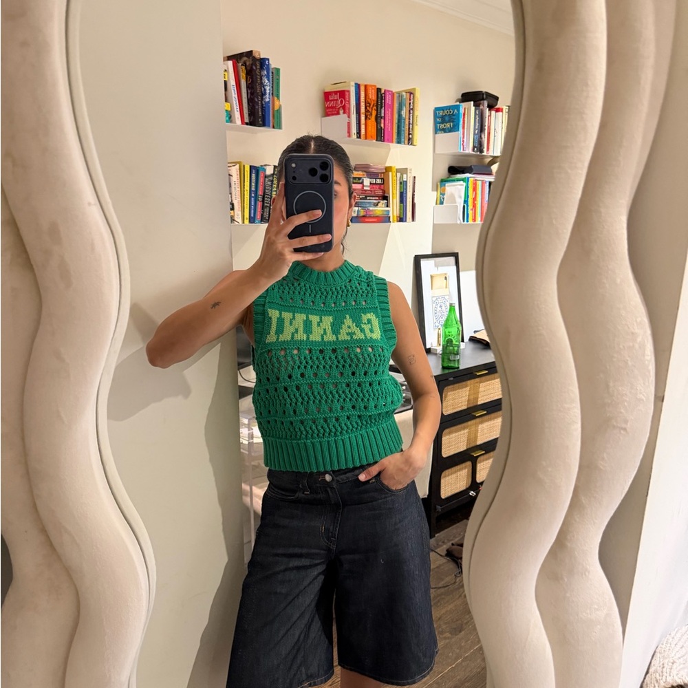 GANNI Green Knit Sleeveless Sweater Vest with Contrast Lettering
